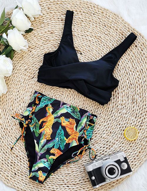 Fashion Black Top + Tiger Print Solid Print Lace-up Swimsuit