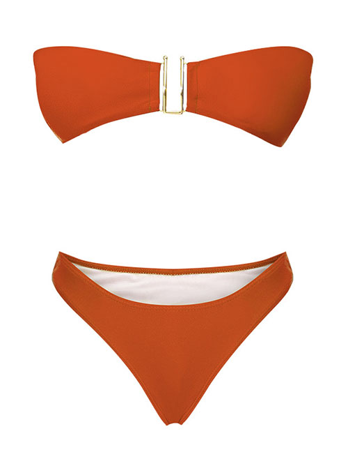 Fashion Brown Geometric U-shaped Tube Top Split Swimsuit
