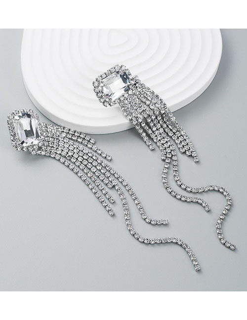 Fashion White Alloy Diamond Claw Chain Tassel Drop Earrings