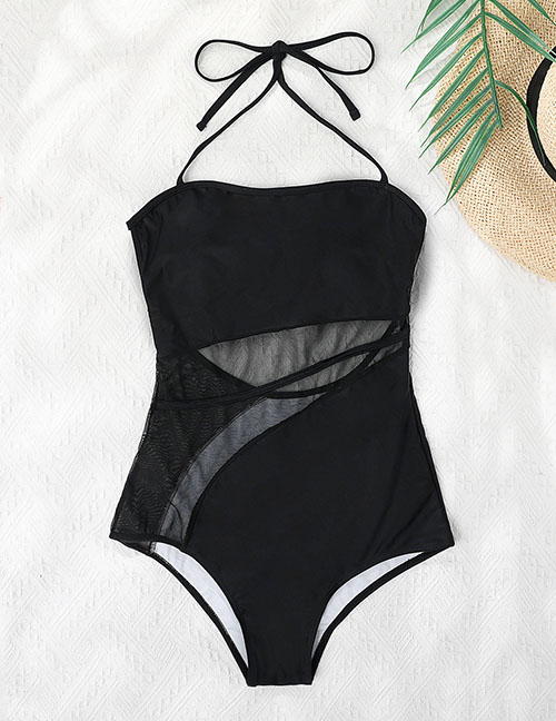 Fashion Black Halter Neck Tie Mesh Sheer One-piece Swimsuit