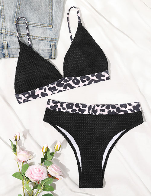 Fashion Black Leopard Print Colorblock Swimsuit