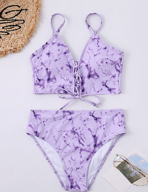 Fashion Purple Ink Print Chest Tie Split Swimsuit