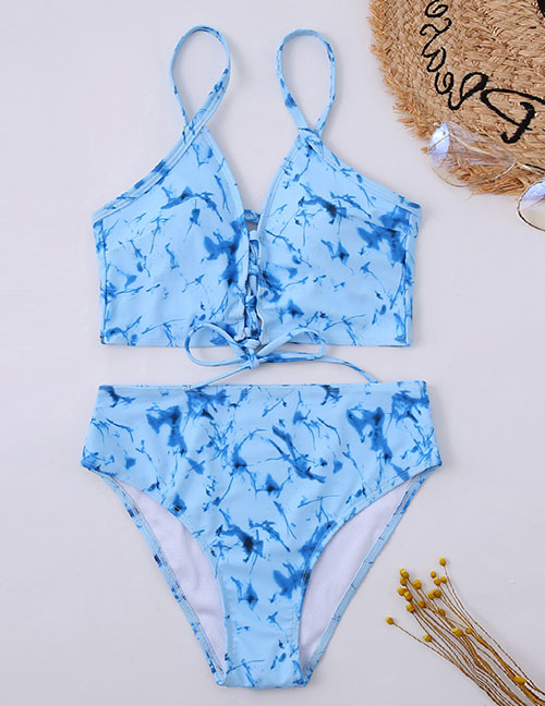 Fashion Blue Ink Print Chest Tie Split Swimsuit