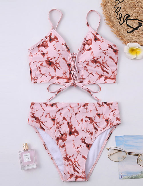 Fashion Pink Ink Print Chest Tie Split Swimsuit