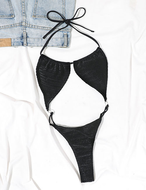 Fashion Black Halter Tie Cutout Pleated One-piece Swimsuit