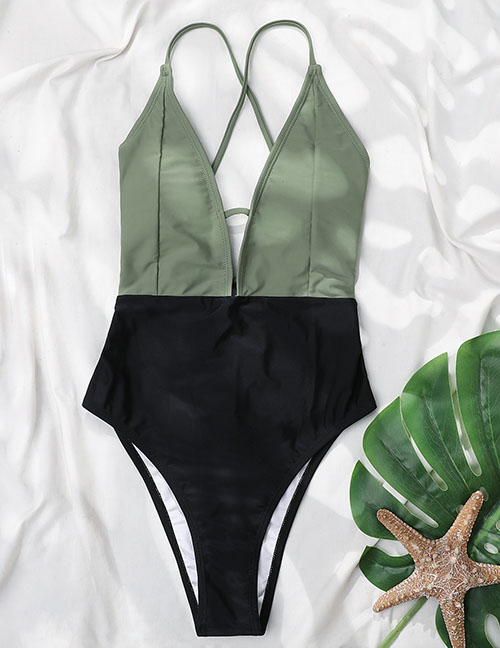 Fashion Green Color-block Open-back Lace-up High-rise Swimsuit
