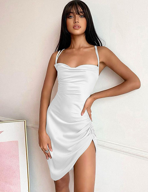 Fashion White Strapless Slit Smocked Lace-up Satin Dress