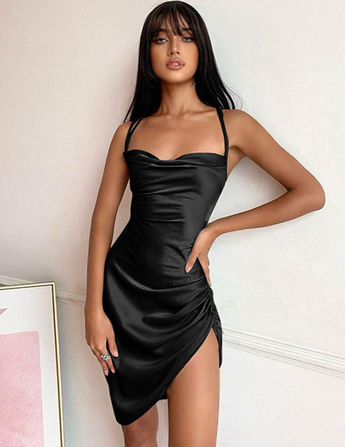 Fashion Black Strapless Slit Smocked Lace-up Satin Dress