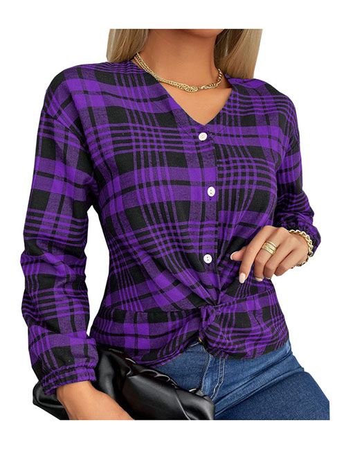 Fashion Purple V-neck Check-breasted Knot Top