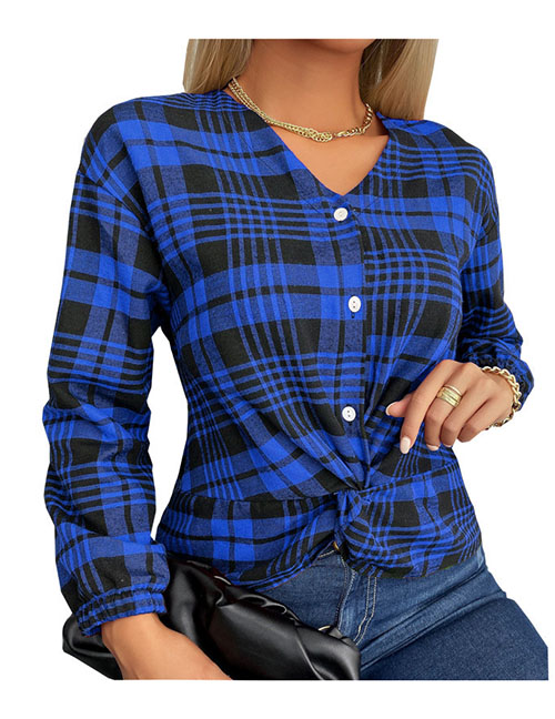 Fashion Blue V-neck Check-breasted Knot Top