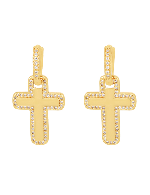 Fashion Gold-3 Brass Inset Zirconium Cross Earrings