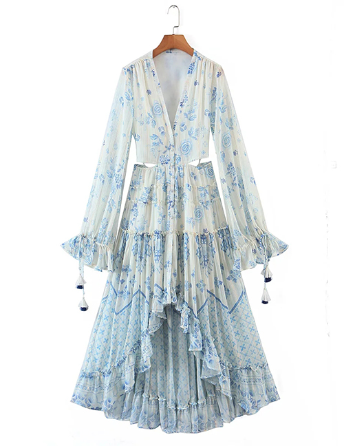 Fashion Blue Chiffon Print V-neck Irregular Dress