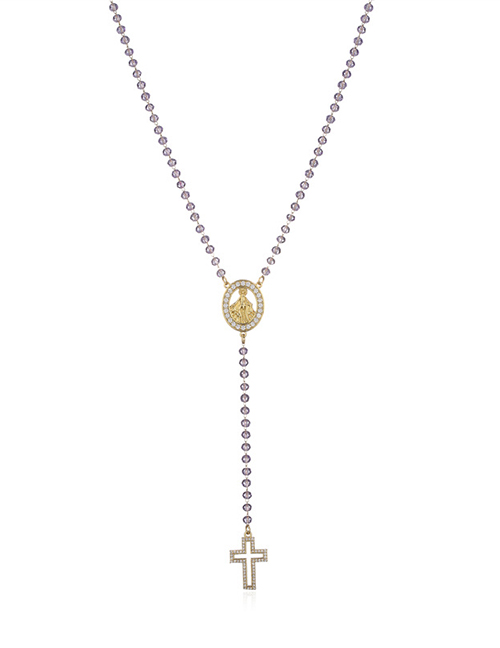 Fashion Golden Light Purple Chain Titanium Steel Gold Plated Madonna Cross Y Necklace