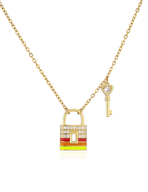 Fashion 2# Bronze Zirconium Drip Gold Lock And Key Necklace