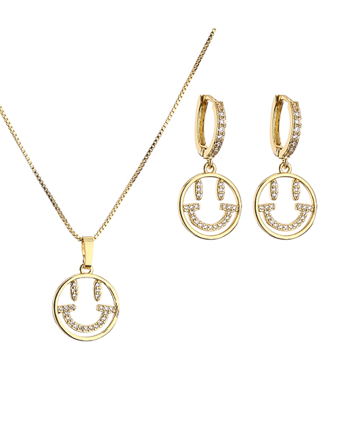 Fashion Golden Set Bronze Zirconium Smiley Necklace Earring Set