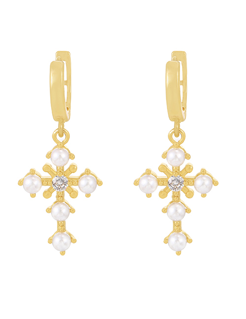 Fashion Gold-2 Brass Zirconium Pearl Cross Earrings