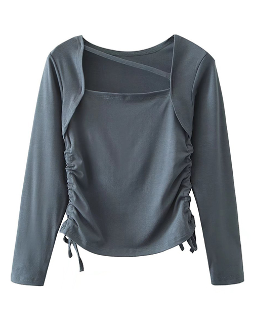 Fashion Dark Grey Polyester Drawstring Square Neck Long Sleeve Top