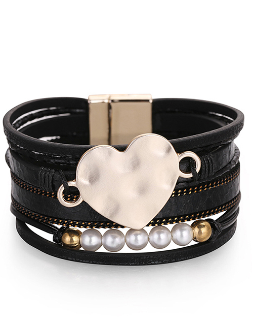 Fashion Black Pu Multilayer Braided Pearl Beaded Metal Heart Bracelet
