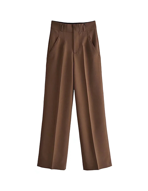Fashion Brown Polyester Cotton High Waist Straight Leg Pants