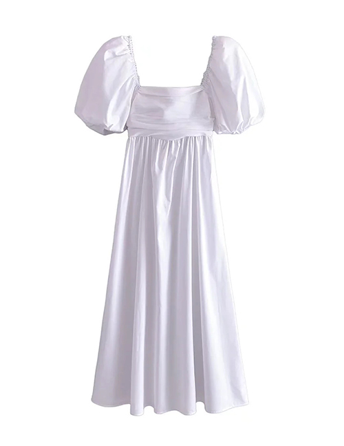 Fashion White Polycotton Pleated Lapel Dress
