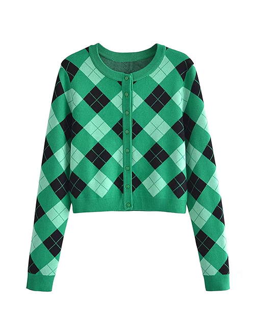 Fashion Green Plaid Diamond Print Breasted Knit Jacket
