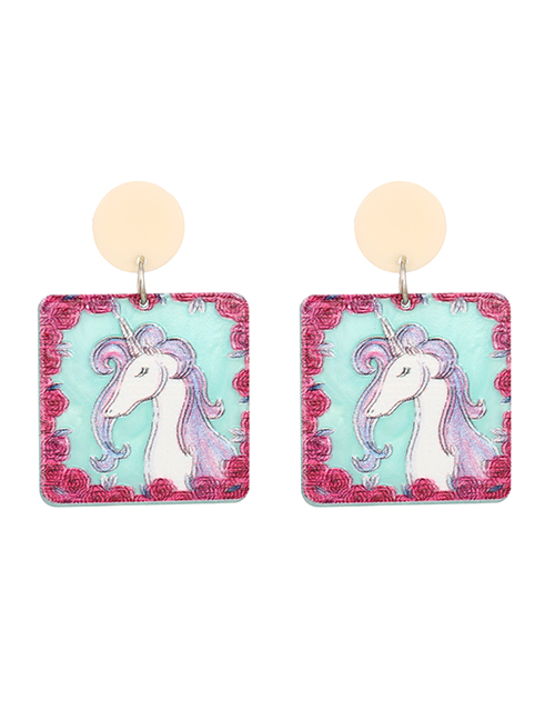 Fashion Color Resin Print Unicorn Square Stud Earrings