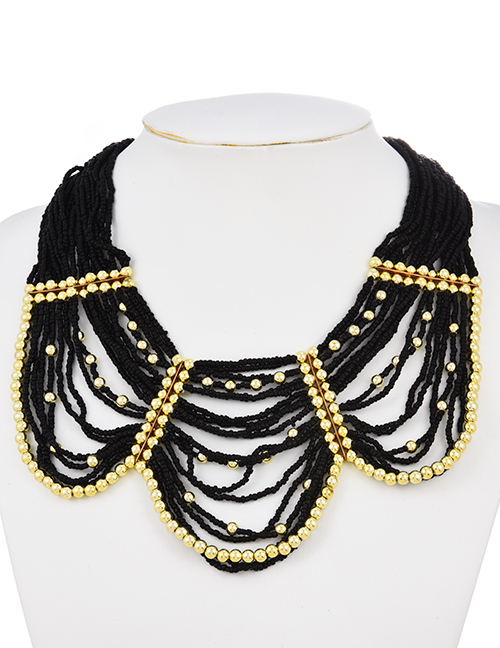 Fashion Black Alloy Multilayer Rice Bead Necklace