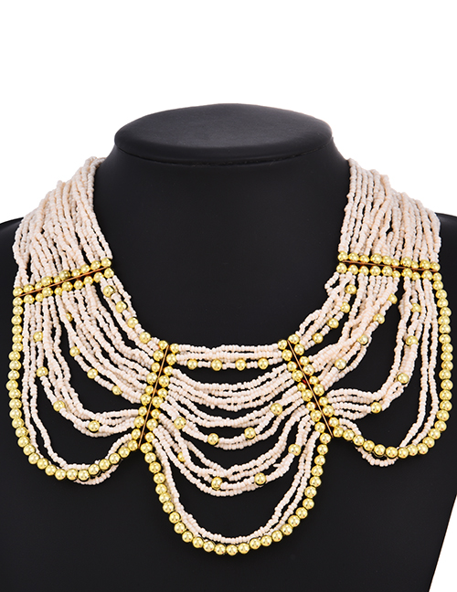 Fashion White Alloy Multilayer Rice Bead Necklace