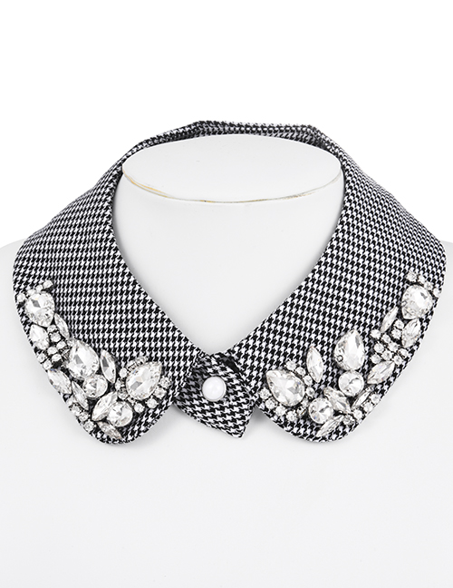 Fashion Black-2 Fabric Houndstooth Fake Collar With Diamonds