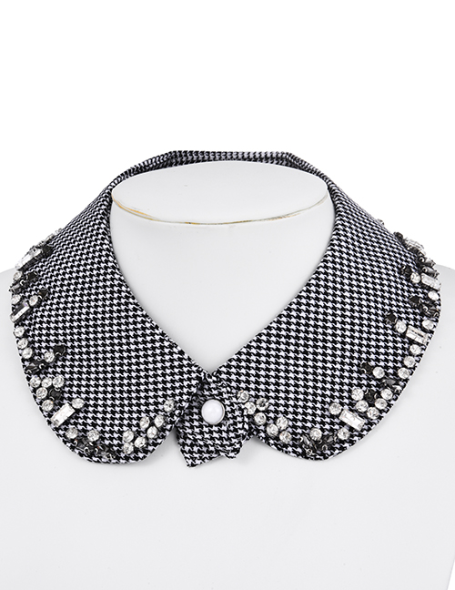 Fashion Black-3 Fabric Houndstooth Fake Collar With Diamonds