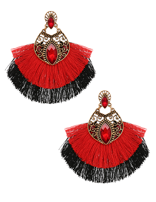 Fashion Red Alloy Diamond Colorblock Tassel Stud Earrings