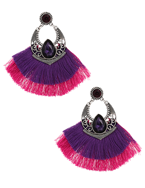 Fashion Purple Alloy Diamond Pattern Colorblock Tassel Stud Earrings