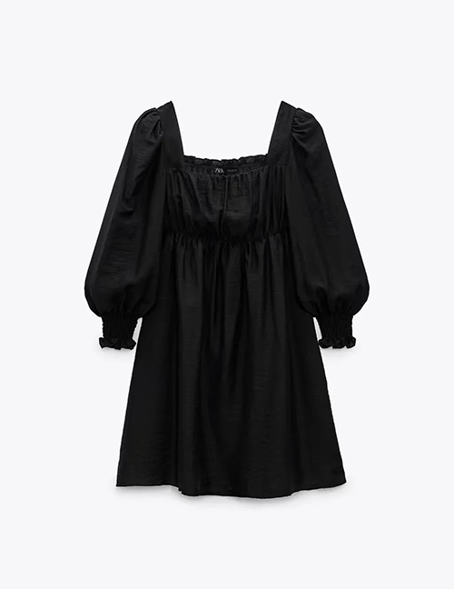 Fashion Black Square Neck Pleated Puff Sleeve Dress