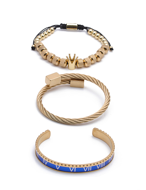 Fashion 4 Blue Roman Letter Bracelet Set Titanium Steel Roman Alphabet Crown Geometric Opening Bracelet Set