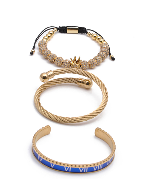 Fashion 4-blue Roman Letter Bracelet Set A Titanium Steel Roman Alphabet Crown Geometric Opening Bracelet Set