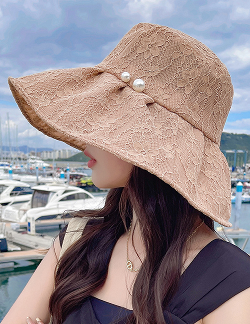 Fashion Khaki Pearl Lace Fisherman Hat