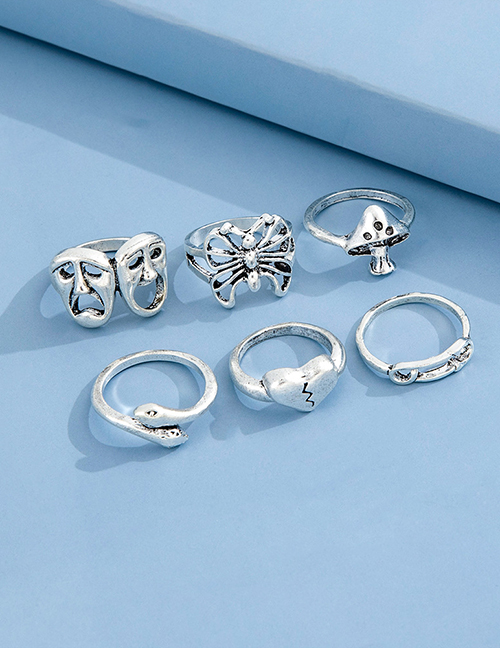 Fashion Silver Color Alloy Love Butterfly 骷髅 Snake Shaped Mushroom Ring Set