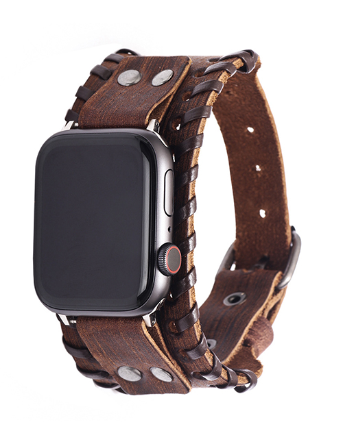 Fashion Brown 42 / 44mm-male Leather Knit Smart Watch Leather Strap