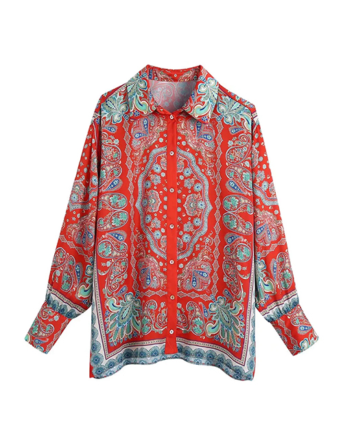 Fashion Red Geometric Print Woven Printing Row Buckle Lapel Shirt