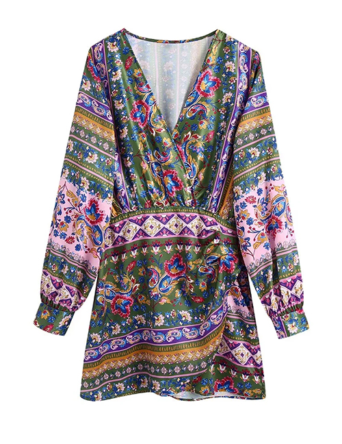 Fashion Color Silk Satin Print V Neck Dress