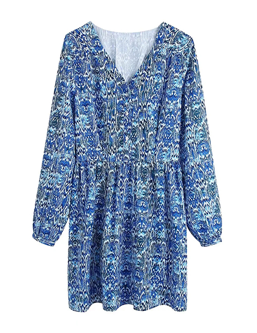 Fashion Blue Woven Print V Neck Dress