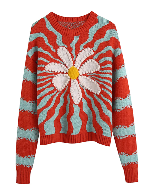 Fashion Red Gant Geometric Printed Embroidery Round Neck Sweater
