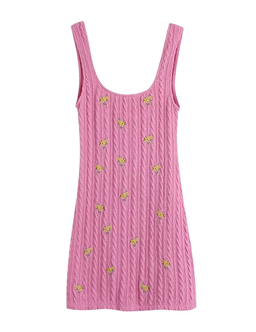 Fashion Pink Flower Embroidery Geometric Knitting Sling Skirt