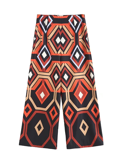 Fashion Brown Grille Woven Print Straight Trousers