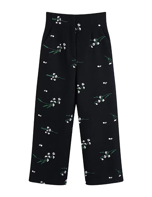 Fashion Black Woven Flower Embroidery Straight Trousers