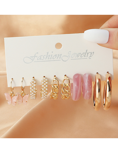 Fashion Pink Resin Butterfly Pearl Earrings Set