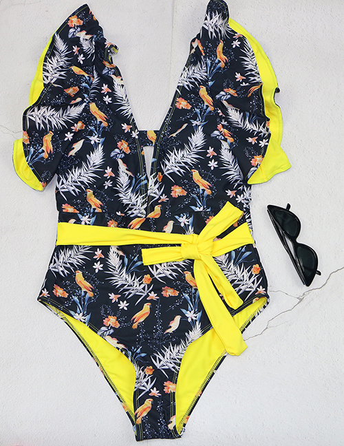 Fashion 2# Polyester Print V-neck Tie Tie Coated Swimsuit