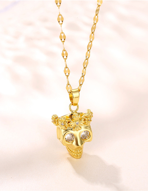 Fashion Gold Bronze Zirconium Demon Skull Necklace