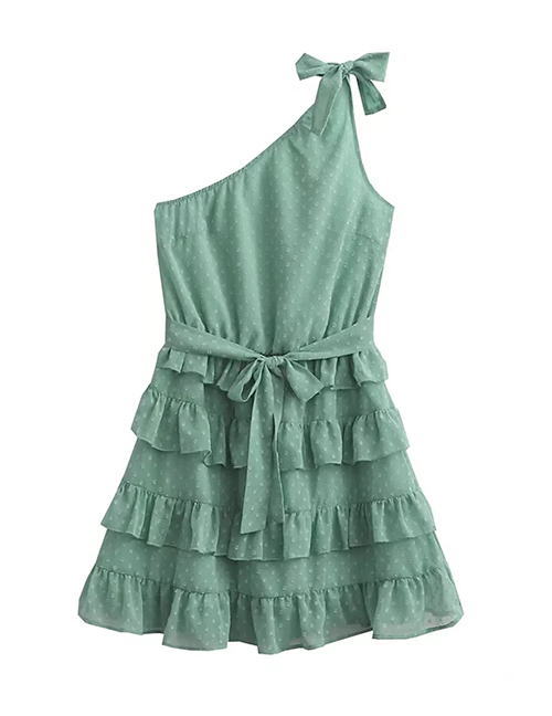 Fashion Green Chiffon Slant-shoulder Tiered Polka-dot Lace-up Dress