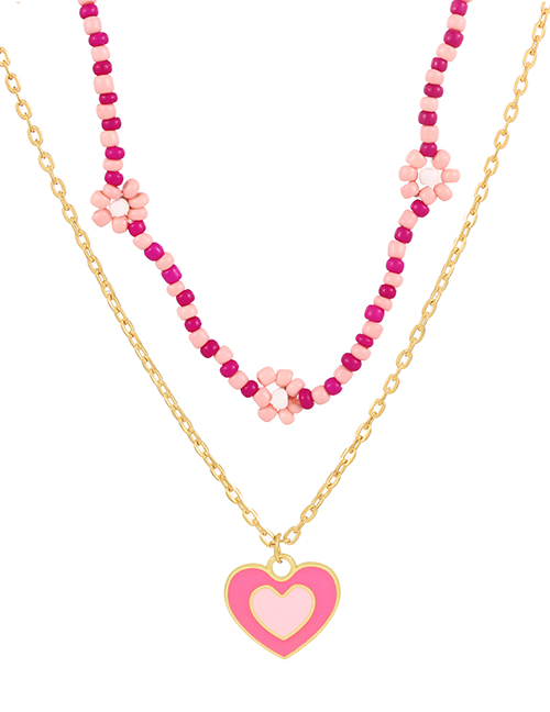 Fashion Pink Alloy Drop Oil Love Rice Bead Flower Double Layer Necklace